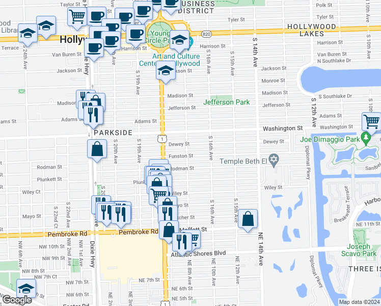 map of restaurants, bars, coffee shops, grocery stores, and more near 1015 South 17th Avenue in Hollywood