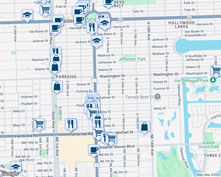 map of restaurants, bars, coffee shops, grocery stores, and more near 1015 South 17th Avenue in Hollywood