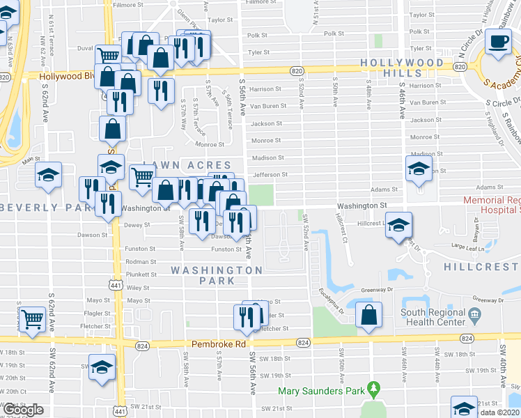 map of restaurants, bars, coffee shops, grocery stores, and more near in Hollywood