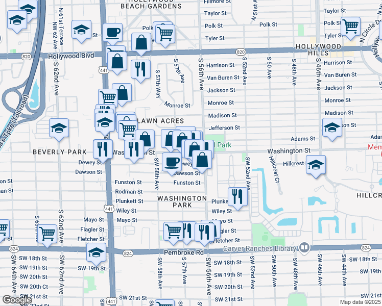 map of restaurants, bars, coffee shops, grocery stores, and more near 5688 Washington Street in Hollywood