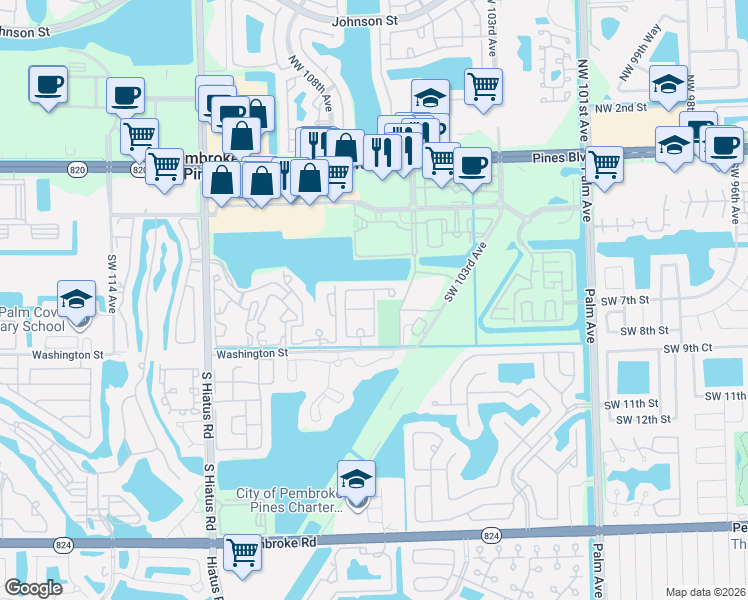 map of restaurants, bars, coffee shops, grocery stores, and more near 662 Southwest 106th Avenue in Pembroke Pines