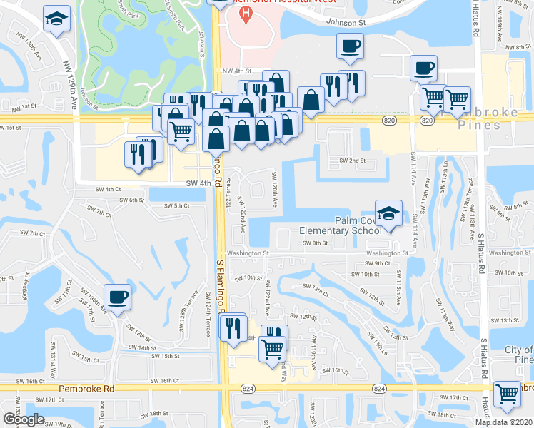 map of restaurants, bars, coffee shops, grocery stores, and more near 12028 Southwest 5th Court in Pembroke Pines