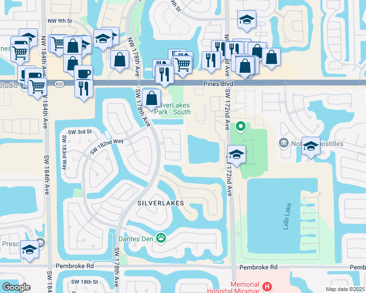 map of restaurants, bars, coffee shops, grocery stores, and more near 561 Southwest 176th Avenue in Pembroke Pines