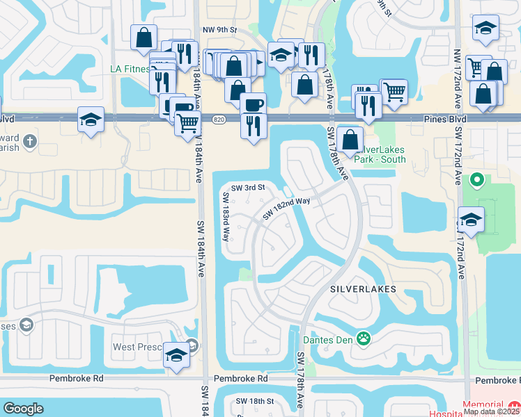 map of restaurants, bars, coffee shops, grocery stores, and more near 423 Southwest 183rd Terrace in Pembroke Pines