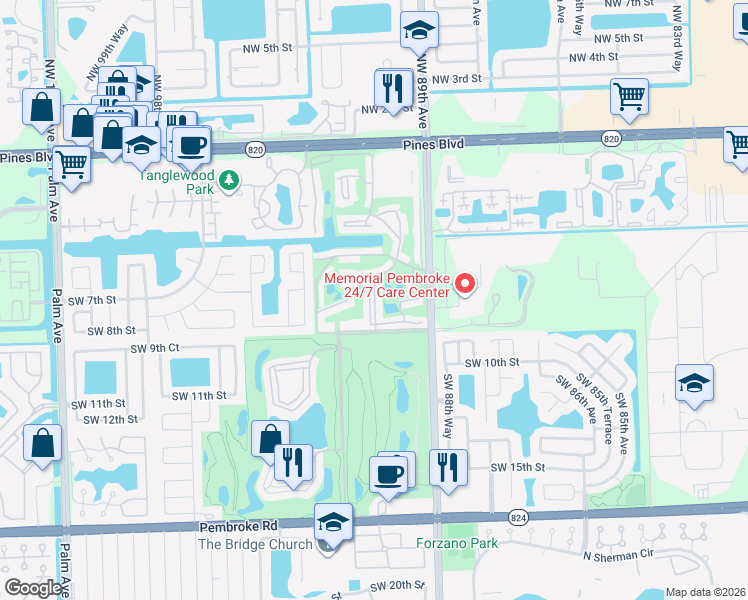 map of restaurants, bars, coffee shops, grocery stores, and more near 811 South Hollybrook Drive in Pembroke Pines