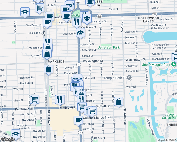 map of restaurants, bars, coffee shops, grocery stores, and more near 1015 South 17th Avenue in Hollywood