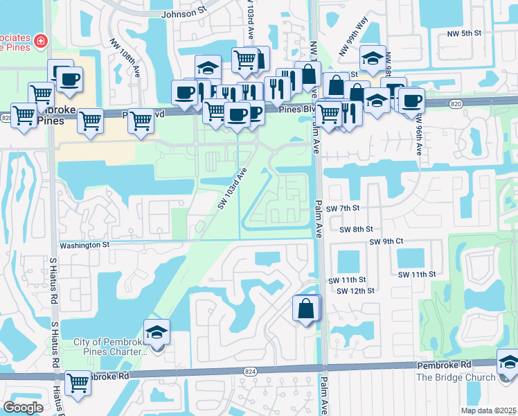 map of restaurants, bars, coffee shops, grocery stores, and more near 10450 Southwest 7th Court in Pembroke Pines