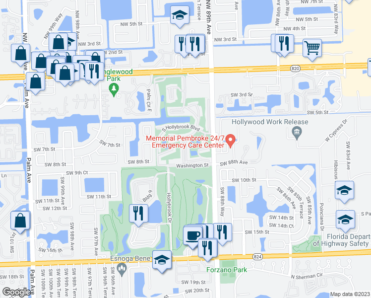 map of restaurants, bars, coffee shops, grocery stores, and more near 811 South Hollybrook Drive in Pembroke Pines