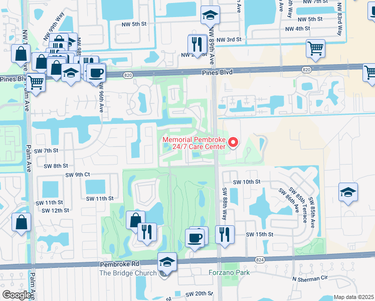 map of restaurants, bars, coffee shops, grocery stores, and more near 811 South Hollybrook Drive in Pembroke Pines