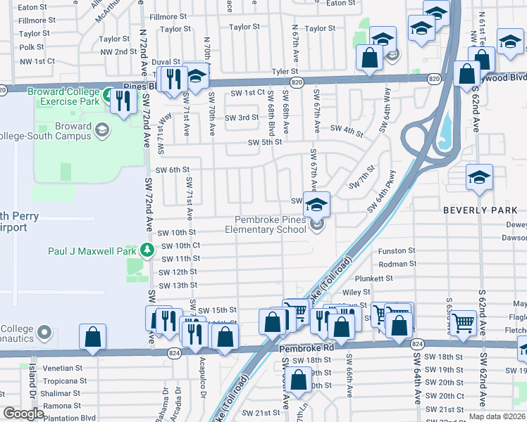 map of restaurants, bars, coffee shops, grocery stores, and more near 6861 Southwest 9th Street in Pembroke Pines