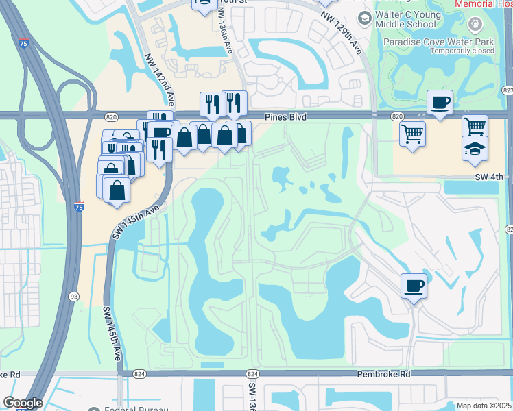 map of restaurants, bars, coffee shops, grocery stores, and more near 13575 Southwest 135th Terrace in Pembroke Pines