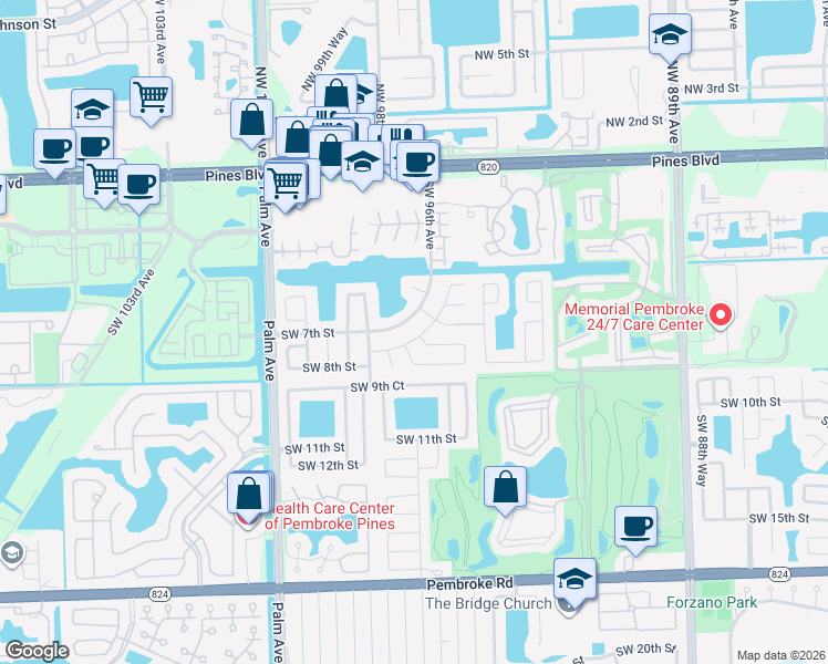 map of restaurants, bars, coffee shops, grocery stores, and more near 730 Southwest 95 Terrace in Pembroke Pines