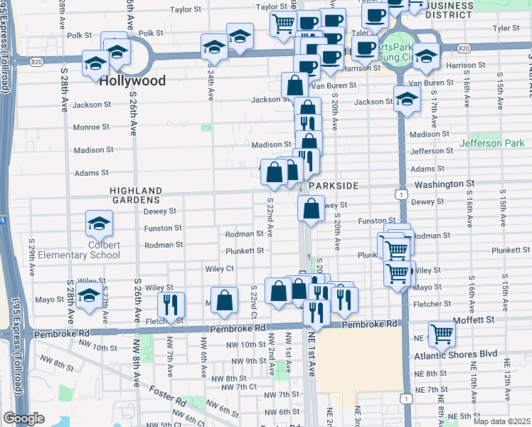 map of restaurants, bars, coffee shops, grocery stores, and more near 2201 Funston Street in Hollywood