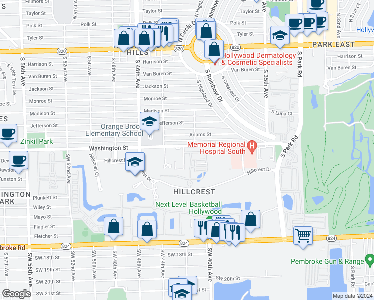 map of restaurants, bars, coffee shops, grocery stores, and more near 4153 Mahogany Lane in Hollywood