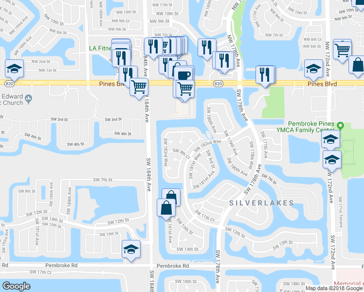 map of restaurants, bars, coffee shops, grocery stores, and more near 423 Southwest 183rd Terrace in Pembroke Pines