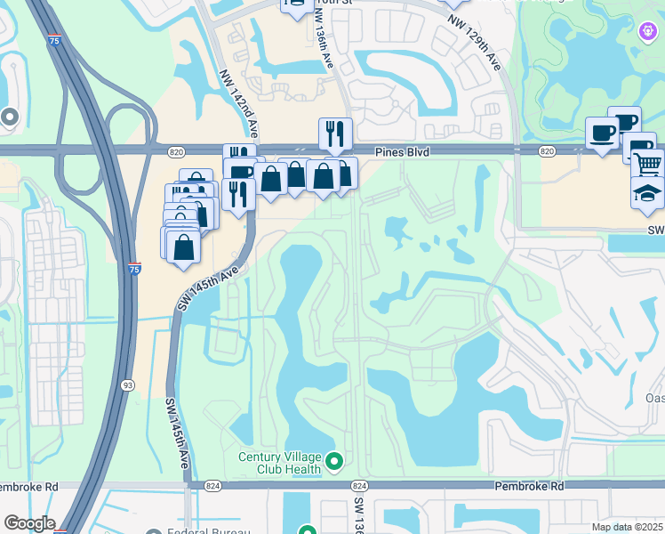 map of restaurants, bars, coffee shops, grocery stores, and more near 650 Southwest 138th Avenue in Pembroke Pines