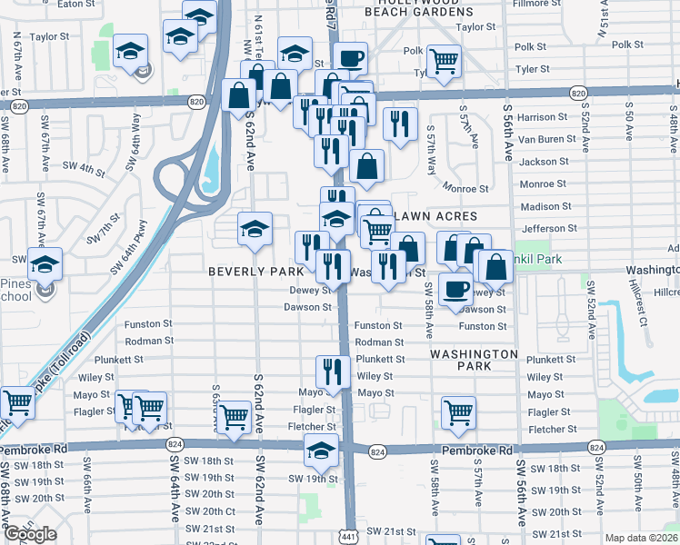 map of restaurants, bars, coffee shops, grocery stores, and more near 900 South State Road 7 in Hollywood