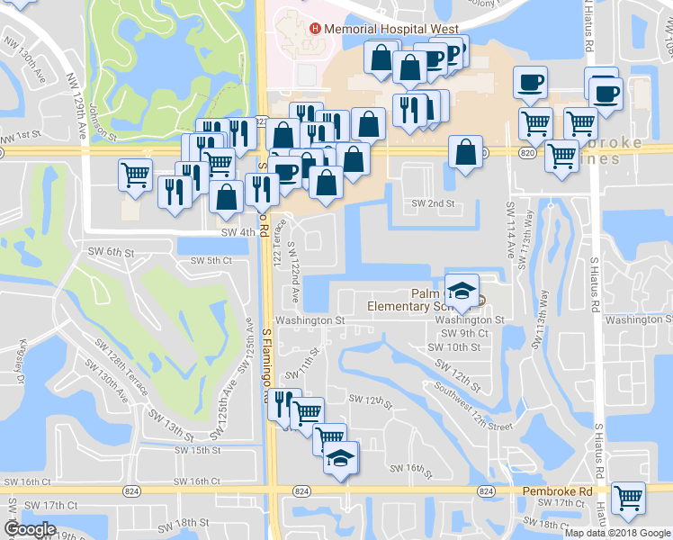 map of restaurants, bars, coffee shops, grocery stores, and more near 12028 Southwest 5th Court in Pembroke Pines