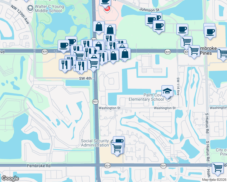 map of restaurants, bars, coffee shops, grocery stores, and more near 12186 Southwest 5th Court in Pembroke Pines
