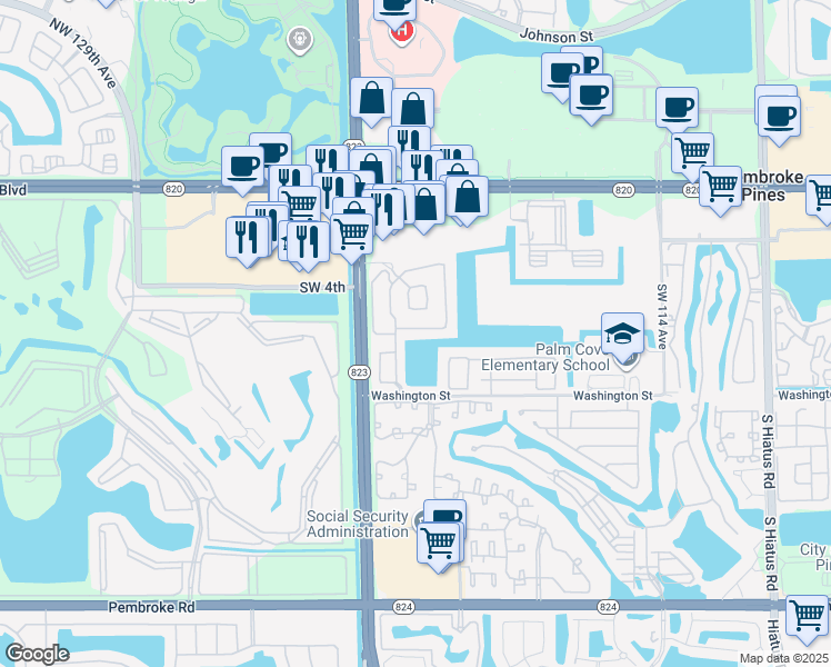 map of restaurants, bars, coffee shops, grocery stores, and more near 12174 Southwest 5th Court in Pembroke Pines