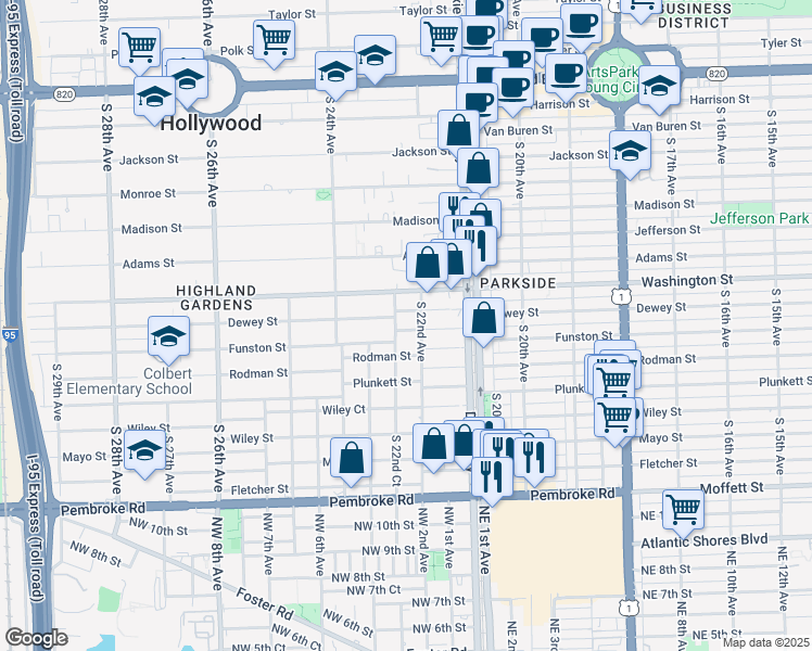 map of restaurants, bars, coffee shops, grocery stores, and more near 2201 Funston Street in Hollywood