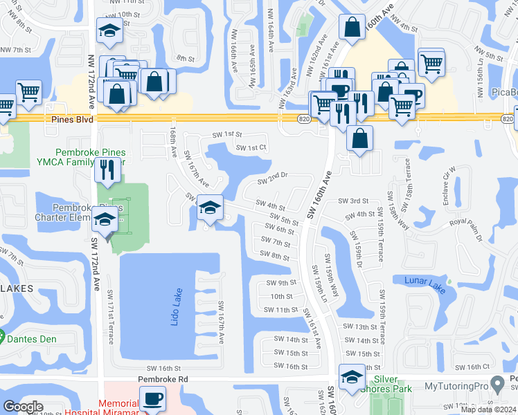 map of restaurants, bars, coffee shops, grocery stores, and more near 16398 Southwest 4th Street in Pembroke Pines