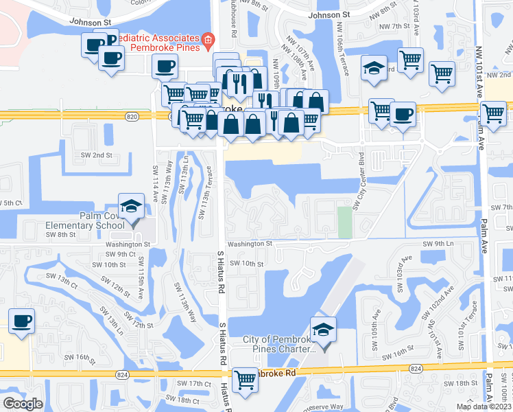 map of restaurants, bars, coffee shops, grocery stores, and more near 11155 Southwest 5th Place in Hollywood