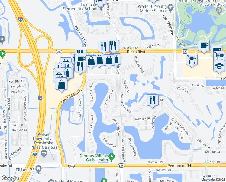 map of restaurants, bars, coffee shops, grocery stores, and more near 650 Southwest 138th Avenue in Pembroke Pines