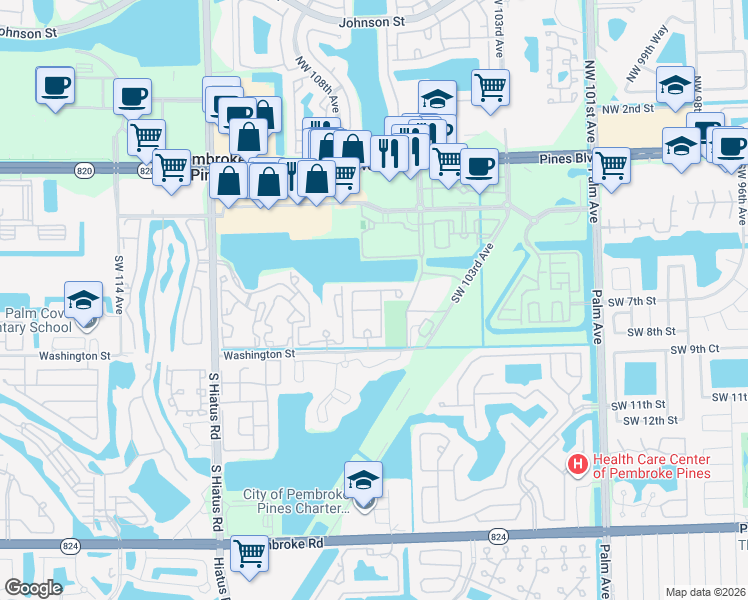 map of restaurants, bars, coffee shops, grocery stores, and more near 626 Southwest 106th Avenue in Pembroke Pines