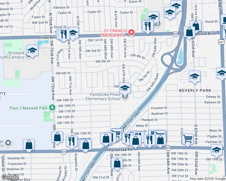map of restaurants, bars, coffee shops, grocery stores, and more near 6801 Southwest 9th Street in Pembroke Pines