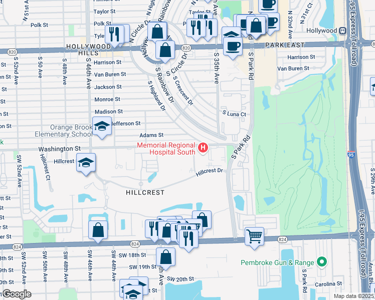 map of restaurants, bars, coffee shops, grocery stores, and more near 3700 Washington Street in Hollywood