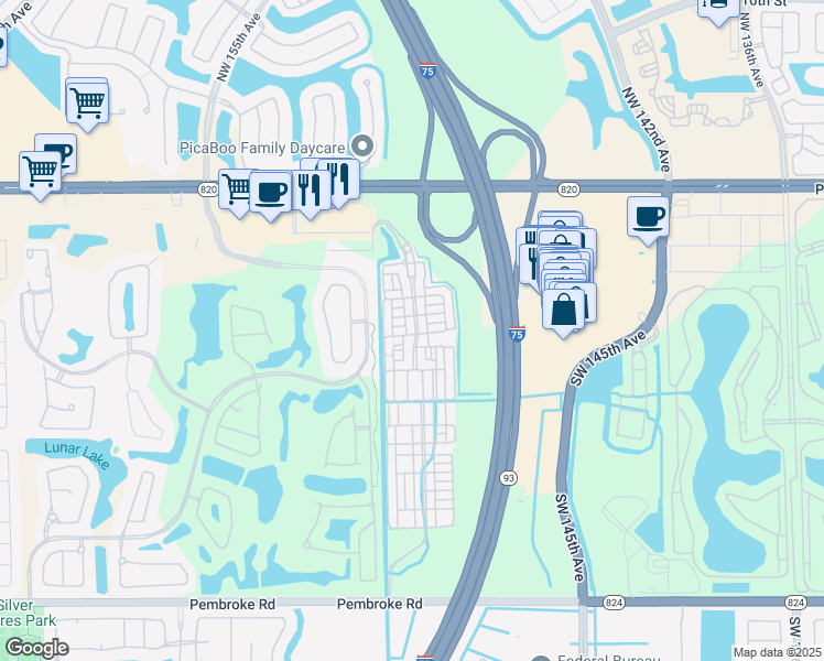 map of restaurants, bars, coffee shops, grocery stores, and more near 634 Southwest 148th Avenue in Pembroke Pines