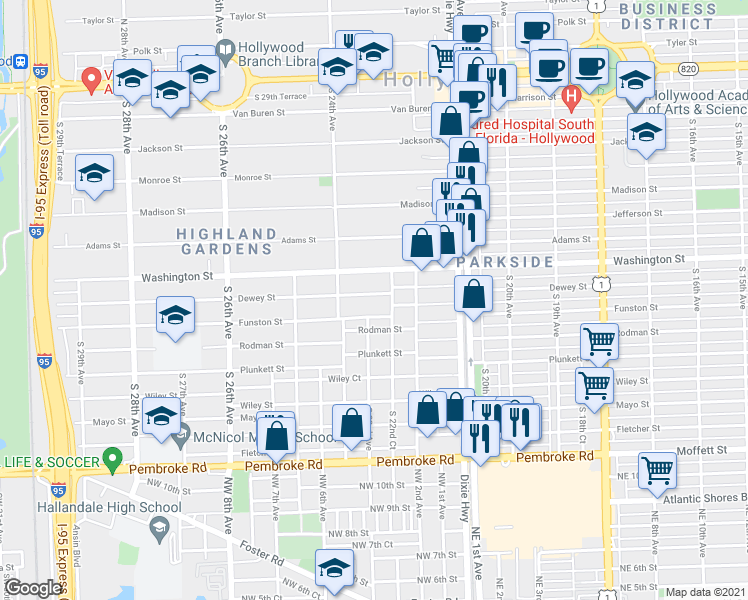 map of restaurants, bars, coffee shops, grocery stores, and more near 2302 Dewey Street in Hollywood