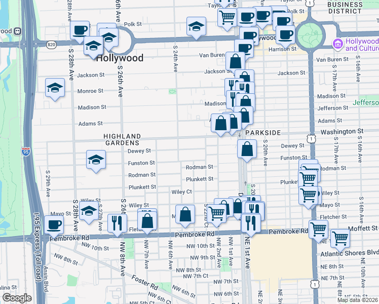 map of restaurants, bars, coffee shops, grocery stores, and more near 2318 Dewey Street in Hollywood