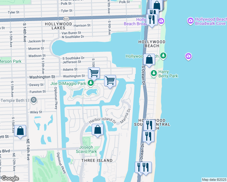 map of restaurants, bars, coffee shops, grocery stores, and more near 1191 Pelican Lane in Hollywood