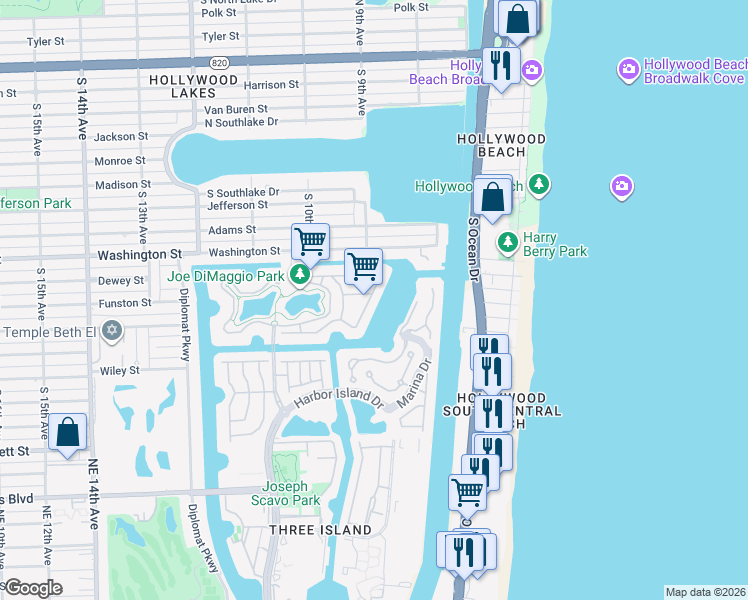 map of restaurants, bars, coffee shops, grocery stores, and more near 1191 Pelican Lane in Hollywood