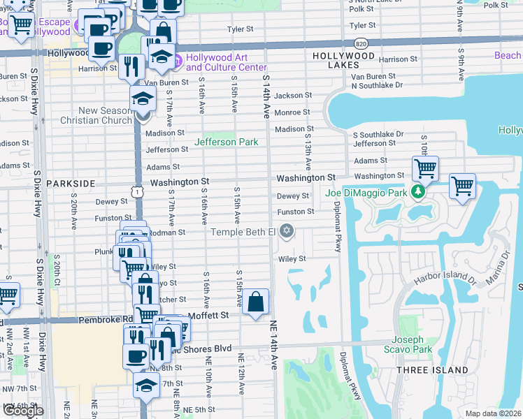 map of restaurants, bars, coffee shops, grocery stores, and more near 1436 Funston Street in Hollywood