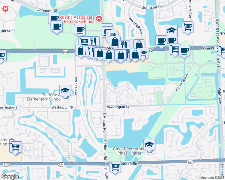 map of restaurants, bars, coffee shops, grocery stores, and more near 11133 Southwest 8th Street in Pembroke Pines