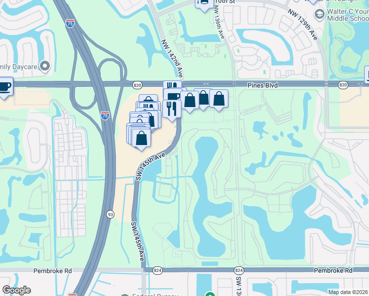 map of restaurants, bars, coffee shops, grocery stores, and more near 571 Southwest 141st Avenue in Pembroke Pines