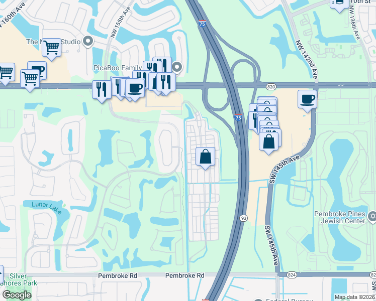 map of restaurants, bars, coffee shops, grocery stores, and more near 630 Southwest 148th Avenue in Pembroke Pines