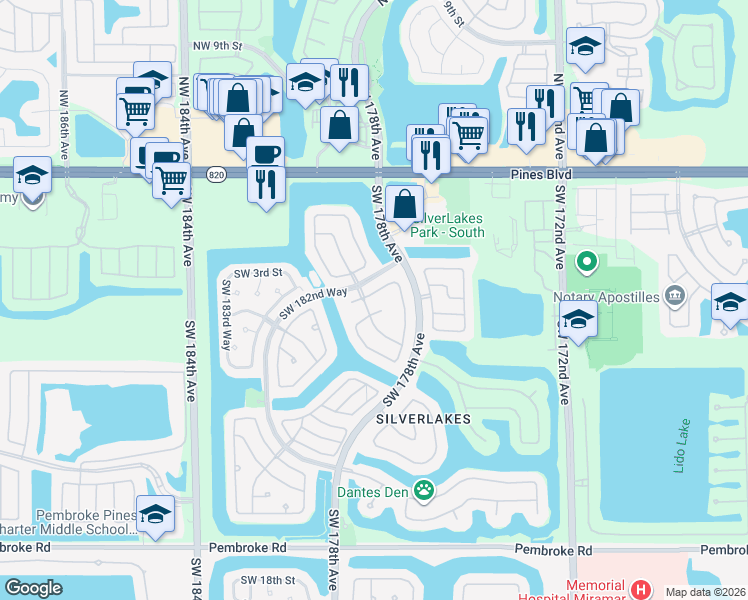 map of restaurants, bars, coffee shops, grocery stores, and more near 17883 Southwest 5th Street in Pembroke Pines