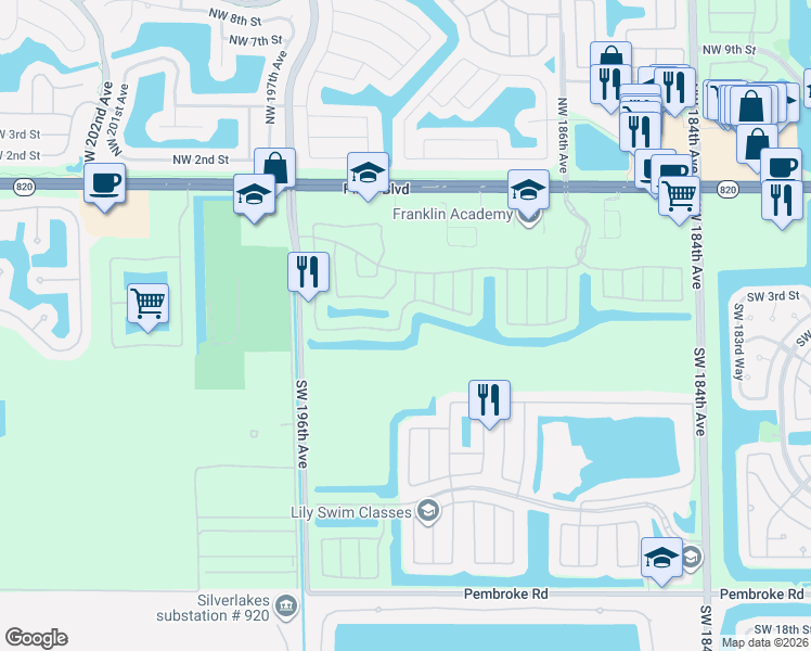 map of restaurants, bars, coffee shops, grocery stores, and more near 19106 Southwest 5th Street in Pembroke Pines