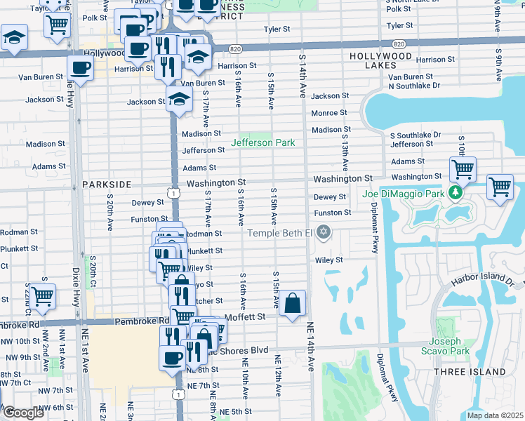 map of restaurants, bars, coffee shops, grocery stores, and more near 1515 Funston Street in Hollywood