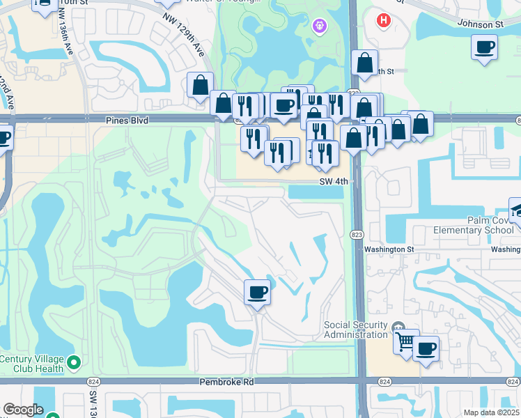 map of restaurants, bars, coffee shops, grocery stores, and more near 12800 Southwest 7th Court in Pembroke Pines