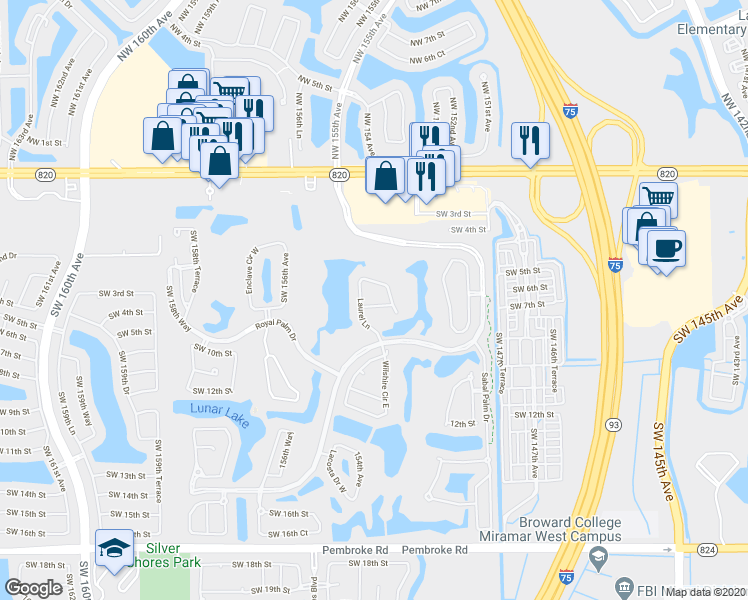 map of restaurants, bars, coffee shops, grocery stores, and more near 15221 Laurel Lane in Pembroke Pines