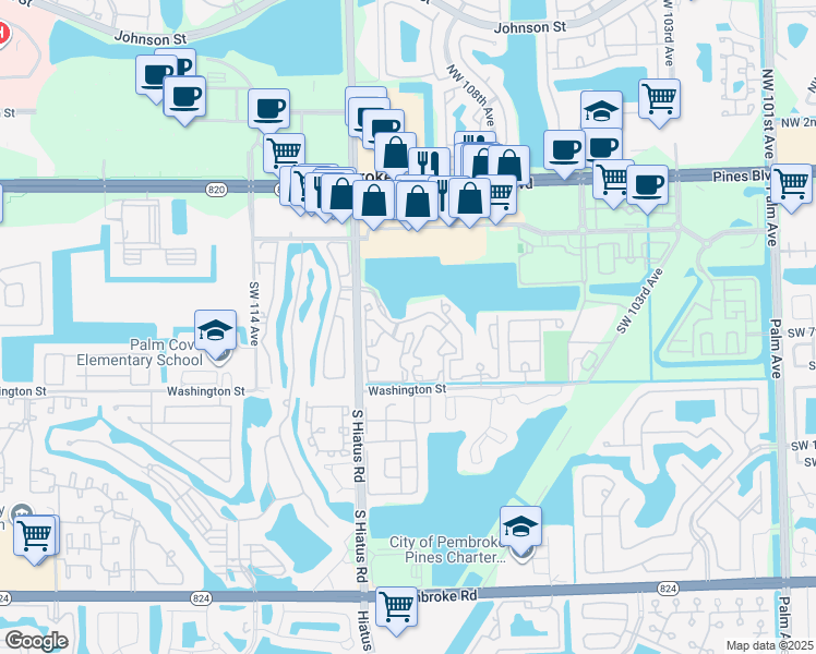 map of restaurants, bars, coffee shops, grocery stores, and more near 11155 Southwest 5th Place in Hollywood