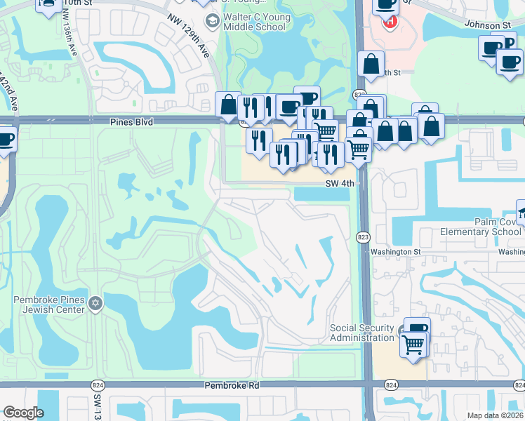 map of restaurants, bars, coffee shops, grocery stores, and more near 12800 Southwest 7th Court in Pembroke Pines