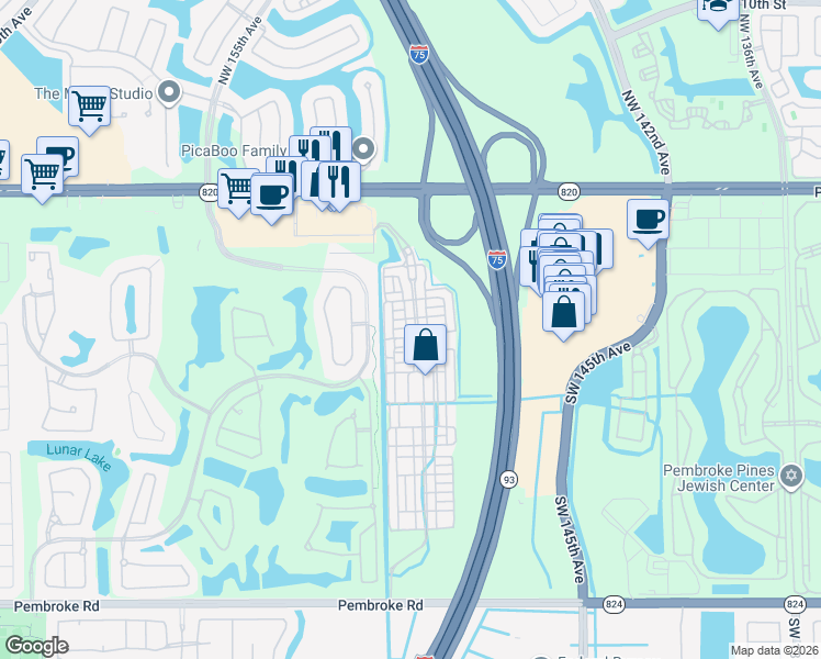 map of restaurants, bars, coffee shops, grocery stores, and more near 634 Southwest 148th Avenue in Pembroke Pines