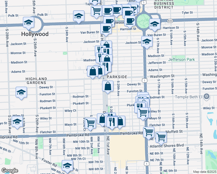 map of restaurants, bars, coffee shops, grocery stores, and more near 2029 Funston Street in Hollywood