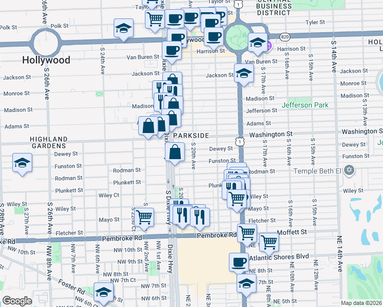 map of restaurants, bars, coffee shops, grocery stores, and more near 1955 Funston Street in Hollywood